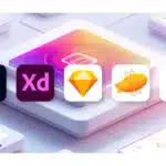 多款 UI 設計軟體圖示排列於裝置畫面上，包括 Figma、XD、Sketch 等。