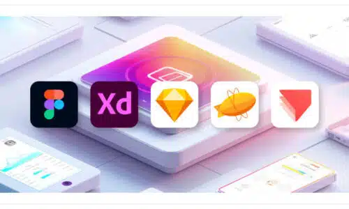 多款 UI 設計軟體圖示排列於裝置畫面上，包括 Figma、XD、Sketch 等。