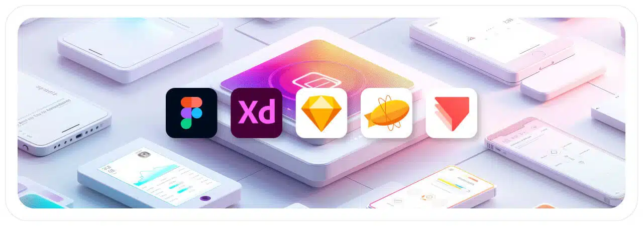 多款 UI 設計軟體圖示排列於裝置畫面上，包括 Figma、XD、Sketch 等。