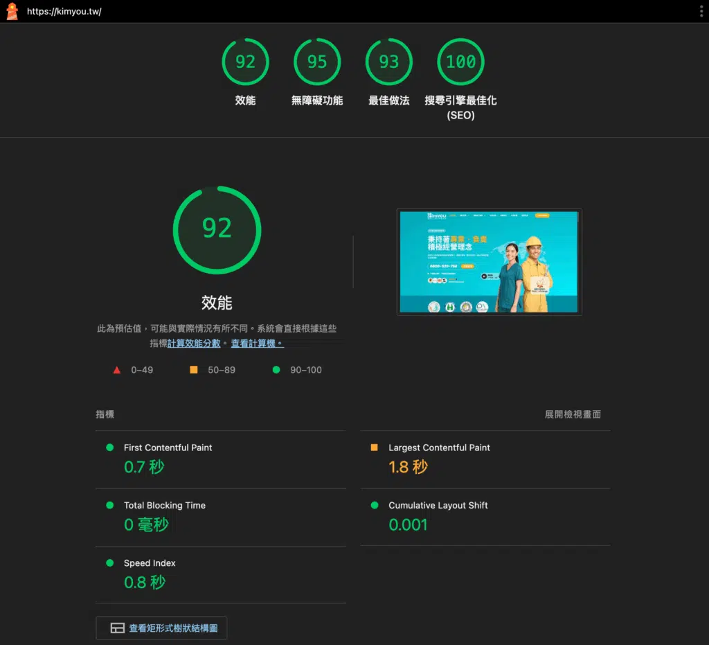 網站效能評分畫面，顯示SEO優化100分、效能92分、無障礙95分。